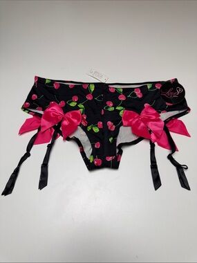 NWT La SENZA Low Rise Cherry Print Brief panties Pink Bows & garter straps XL